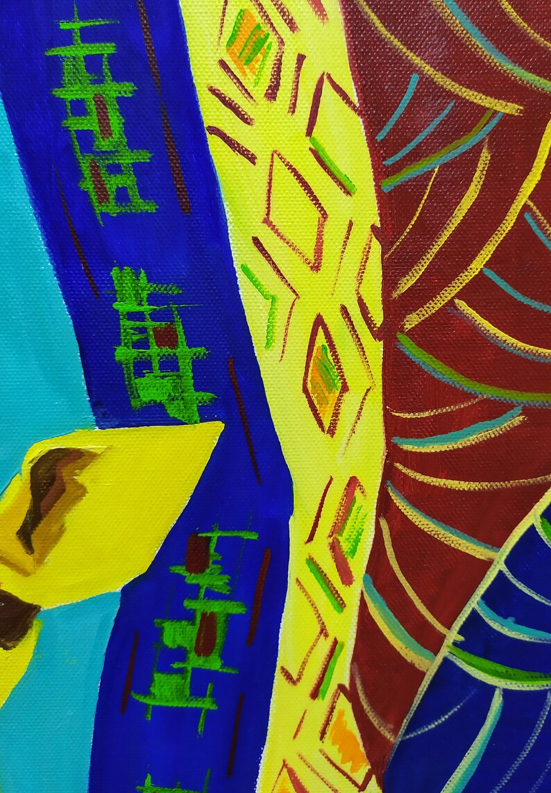 May include: Abstract painting with bold geometric shapes in shades of blue, yellow, green, and red. The painting features a variety of lines and patterns, creating a dynamic and visually interesting composition.