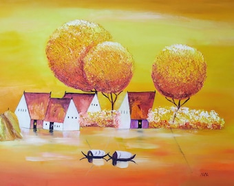 Peut inclure: Peinture à l'huile représentant un paysage rural avec des maisons blanches, des toits rouges et de grands arbres ronds aux tons jaunes et orangés. Deux petits bateaux flottent sur l'eau. L'œuvre évoque une atmosphère chaleureuse et ensoleillée.
