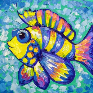 Gold Fisch Kunst Cartoon Dekor Pop Art Kinderzimmer Wand Kunst ÖlGemälde auf Leinwand minimalistisch Kunst Geschenk für Сhild Palette Messer Kinderzimmer Dekor