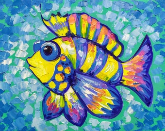 Gold Fish Art Cartoon Decor Pop Art Nursery Wall Art Oil Paintings On Canvas Minimalist Art Gift for Сhild Palette Knife Child Room Decor