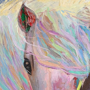 May include: Abstract painting of a horse's head with a pink, blue, and green color palette. The horse's mane is flowing and the painting has a whimsical feel.