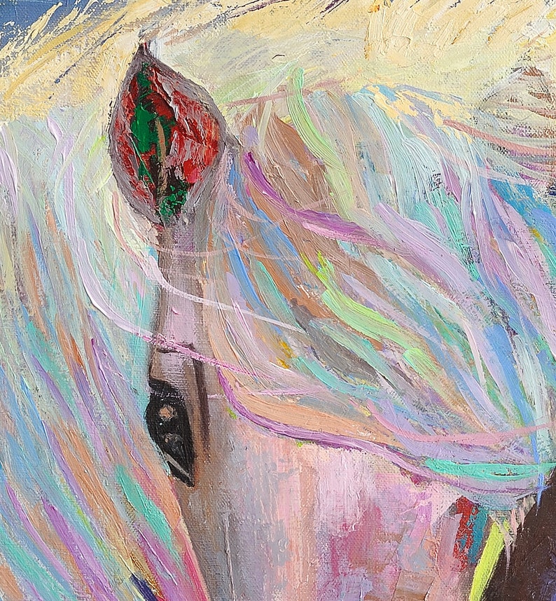 May include: Abstract painting of a horse's head with a pink, blue, and green color palette. The horse's mane is flowing and the painting has a whimsical feel.
