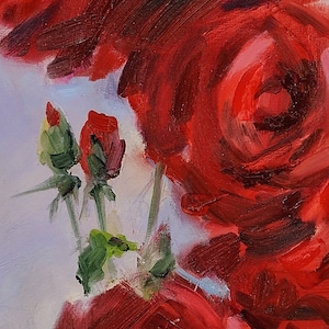 May include: Close-up oil painting of a vibrant red rose in full bloom, with visible brushstrokes. The artwork also features unopened rosebuds and green leaves against a light background. The painting captures the texture and color of the flower.