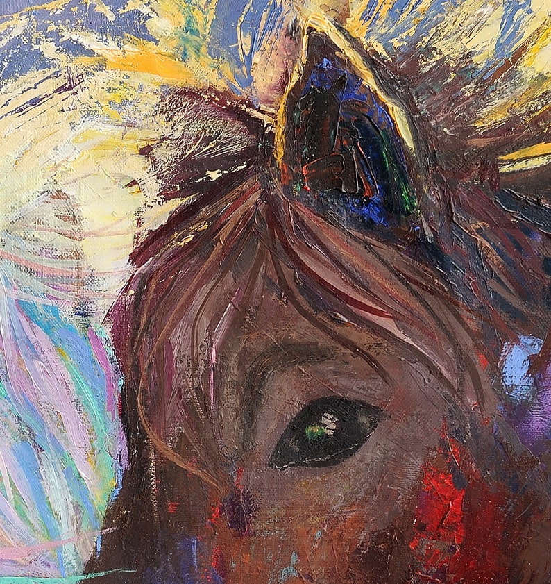 May include: Close-up of a painting of a horse's eye. The eye is brown with a green iris and black pupil. The horse's fur is brown and the background is a mix of blue, yellow, and purple.