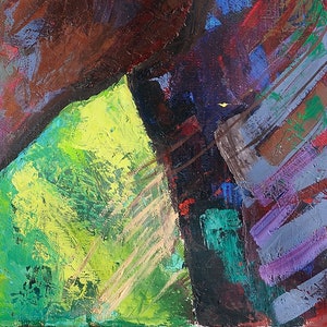 May include: Abstract painting with bold strokes of green, yellow, purple, blue, and brown paint.