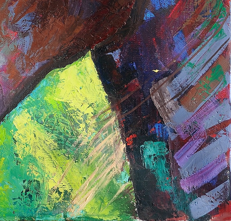 May include: Abstract painting with bold strokes of green, yellow, purple, blue, and brown paint.