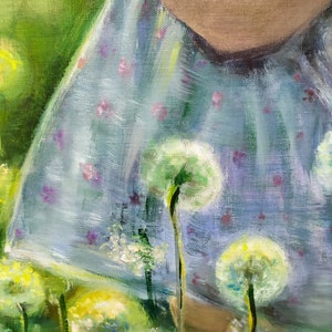 May include: Oil painting depicting a child in a light blue dress with a floral pattern, amidst dandelions. The artwork uses a soft, impressionistic style, emphasising natural light and colour.
