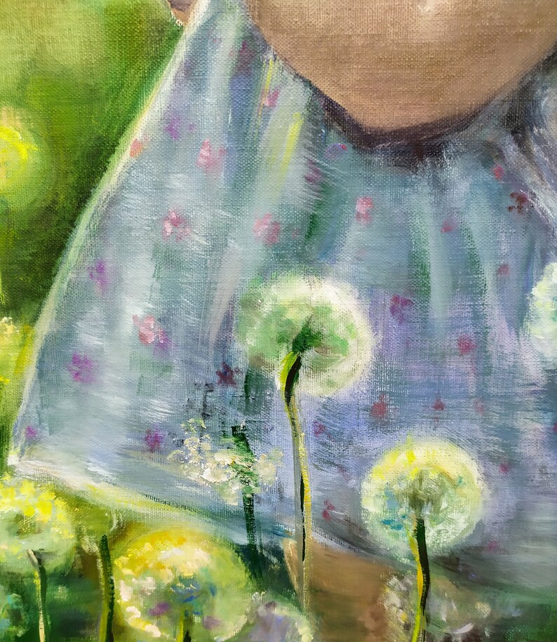 May include: Oil painting depicting a child in a light blue dress with a floral pattern, amidst dandelions. The artwork uses a soft, impressionistic style, emphasising natural light and colour.