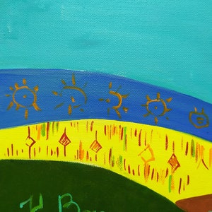 May include: A painting of a landscape with a blue sky, yellow and green hills, and a brown line at the bottom. The artist's signature, "K. Braga", is written in green paint at the bottom of the painting.