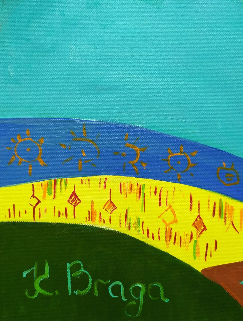 May include: A painting of a landscape with a blue sky, yellow and green hills, and a brown line at the bottom. The artist's signature, "K. Braga", is written in green paint at the bottom of the painting.
