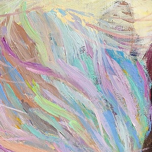 May include: Abstract painting with a variety of colors, including blue, green, purple, and pink. The paint is applied in thick strokes, creating a textured surface.