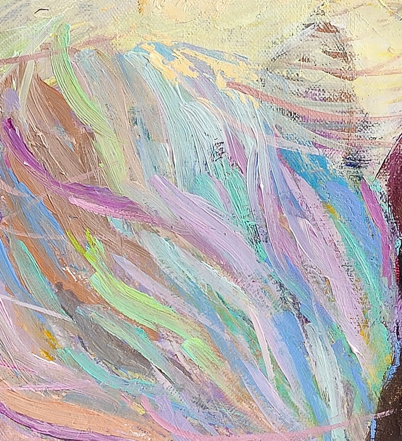 May include: Abstract painting with a variety of colors, including blue, green, purple, and pink. The paint is applied in thick strokes, creating a textured surface.