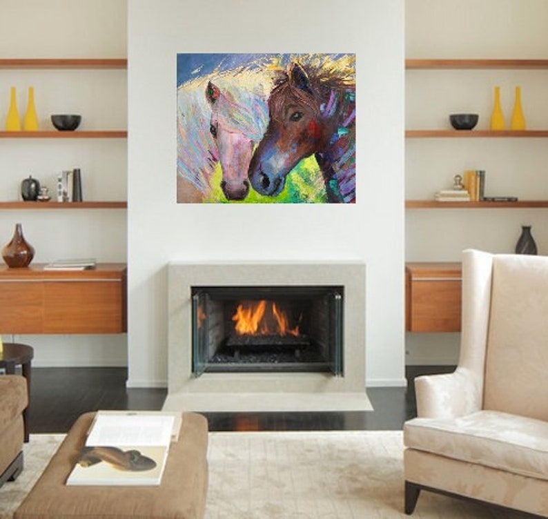 May include: A painting of two horses' heads, one white and one brown, with their noses touching. The background is a colorful abstract design.