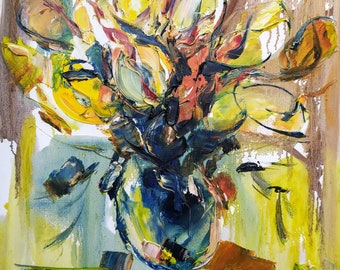 Abstracto Bodegón Floral Original Óleo Tulip Art Floral Wall Art Colorido Arte Tulipán Bouquet Flor Hogar Sala de estar Decoración Mamá Regalo