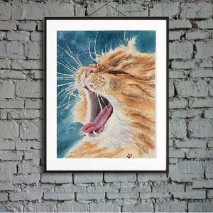 May include: A watercolor painting of a ginger cat with its mouth open, yawning. The cat's fur is a light orange color, and its tongue is pink. The background is a blue and green watercolor wash.