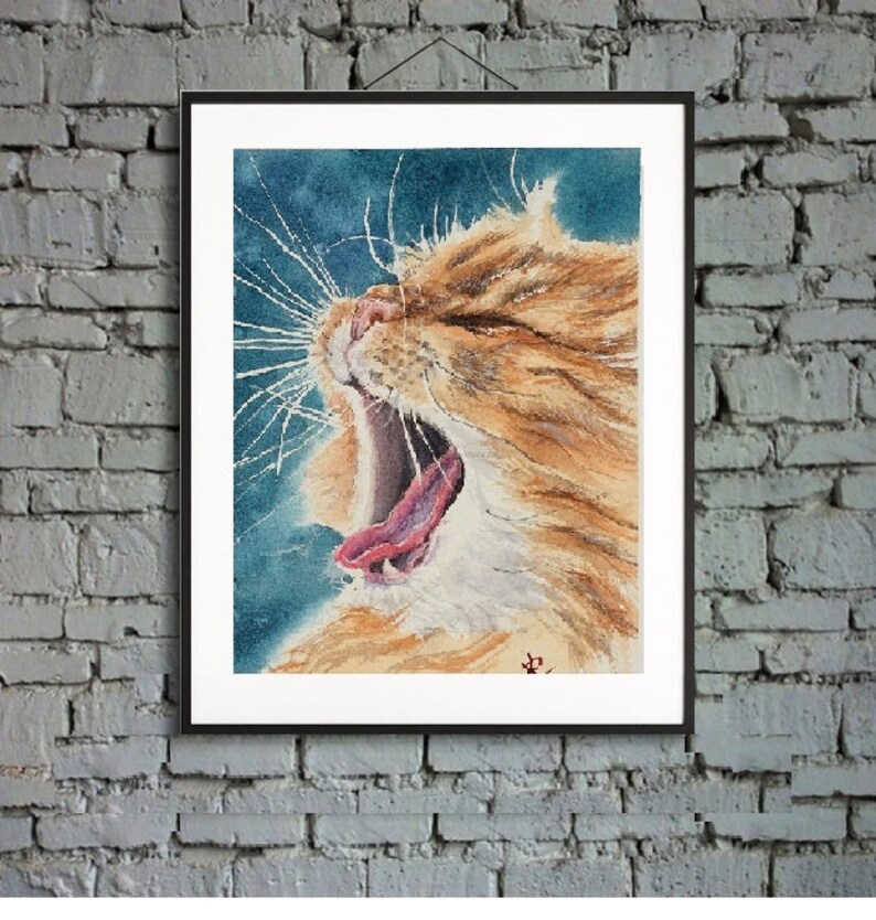 May include: A watercolor painting of a ginger cat with its mouth open, yawning. The cat's fur is a light orange color, and its tongue is pink. The background is a blue and green watercolor wash.