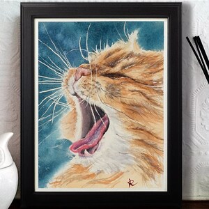May include: Watercolor painting of a ginger cat with green eyes yawning with its tongue out. The cat is painted against a blue background.