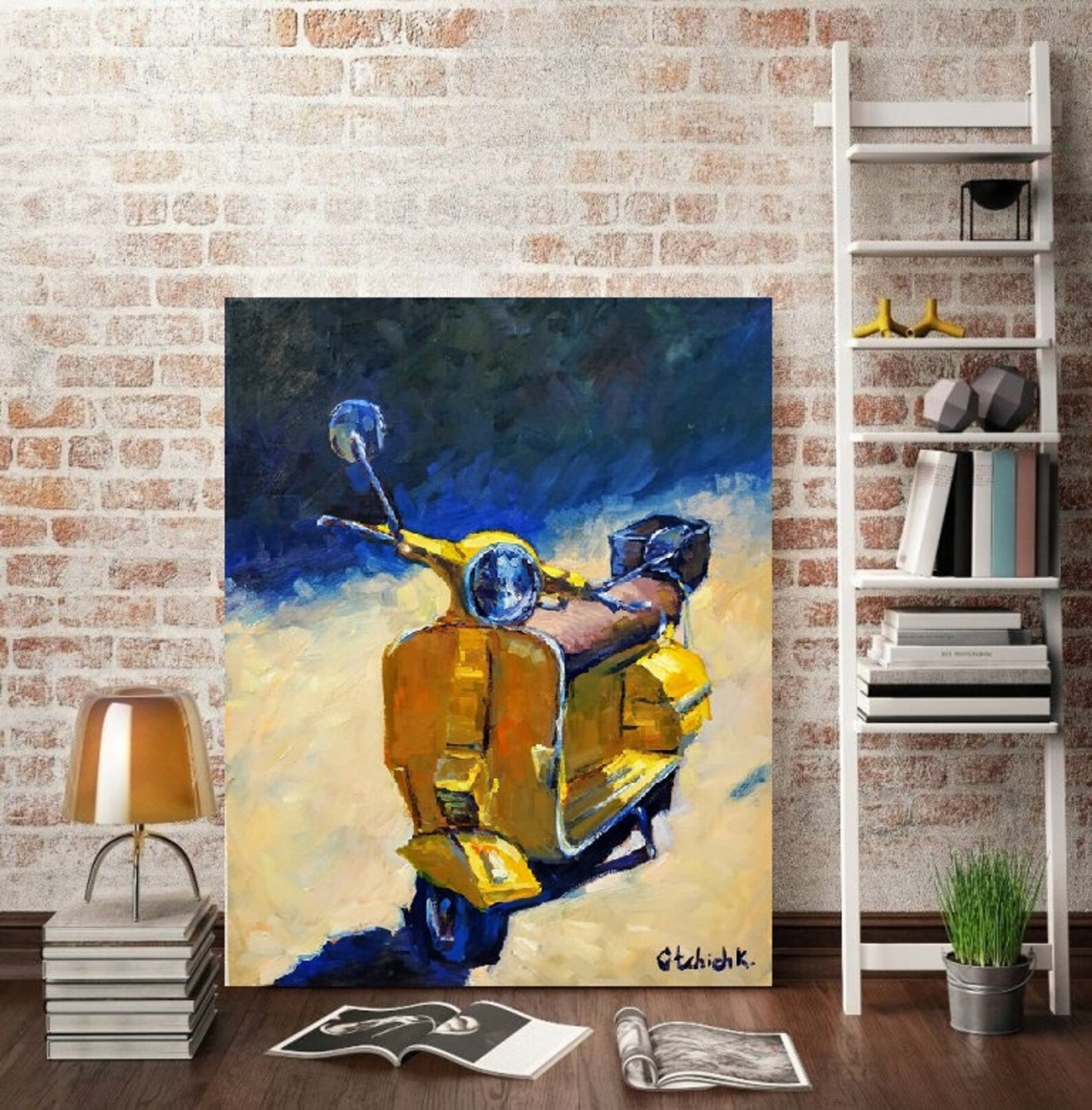 Vespa Scooter Painting Yellow Scooter Oil Painting Scooter Art Etsy