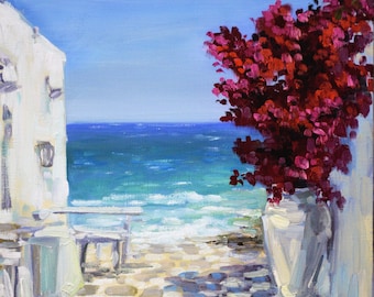 海辺の女性の絵画 キャンバスに描かれたサントリーニ島のオリジナル