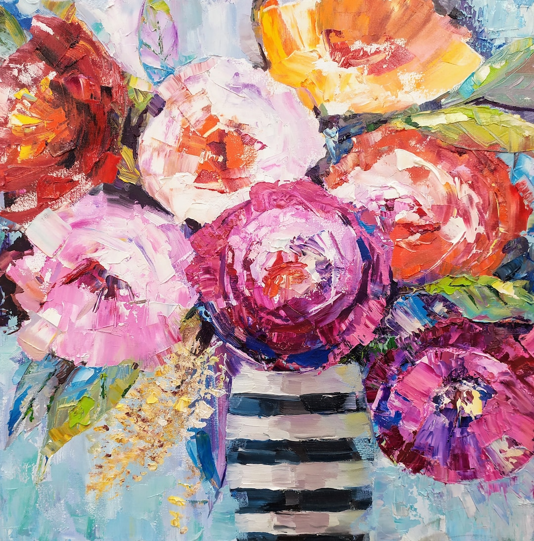 花瓶の中の花束 キャンバスに描かれたカラフルな抽象画 花の静物画 花