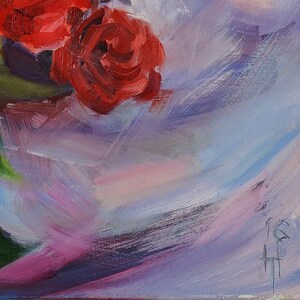 May include: Oil painting of red roses with green leaves against a backdrop of soft, blended colors. The artwork features visible brushstrokes in shades of pink, purple, and blue, creating a textured and artistic effect. The artist's signature is in the bottom right corner.