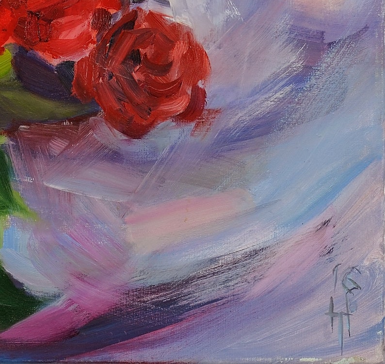May include: Oil painting of red roses with green leaves against a backdrop of soft, blended colors. The artwork features visible brushstrokes in shades of pink, purple, and blue, creating a textured and artistic effect. The artist's signature is in the bottom right corner.