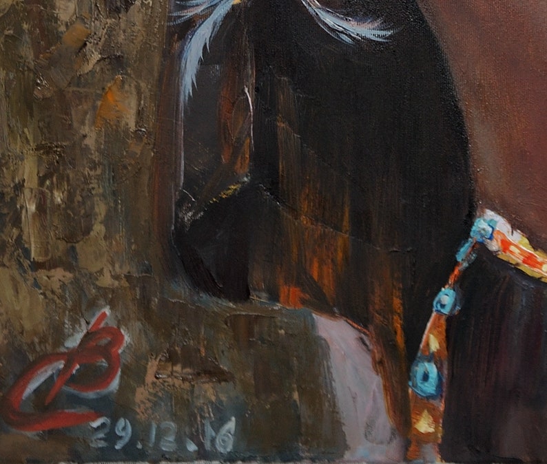 May include: A close-up of a painting depicting a Native American woman wearing a beaded necklace and a feathered headdress. The painting is signed and dated "29.12.76".