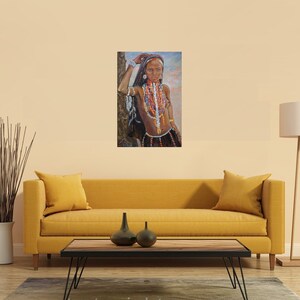 May include: A painting of a woman with dark hair and brown skin wearing a colorful beaded necklace and a red head scarf. She is standing in front of a tree and looking directly at the viewer.