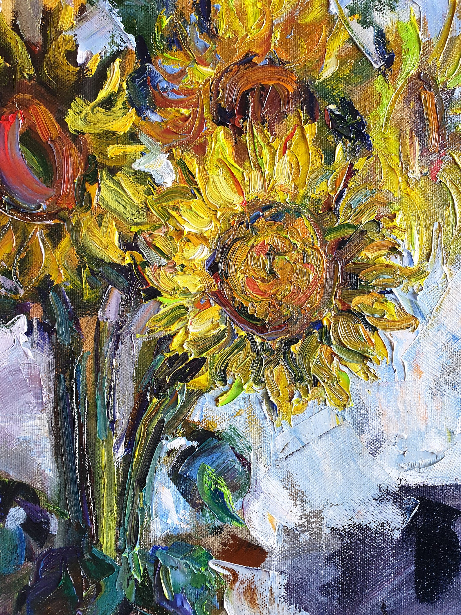 Original Sunflower Paintings Orange Still Life on Canvas Palette Knife ...