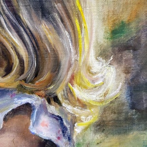 May include: Oil painting depicting a person with blonde hair and a blue and white garment. The hair is styled in loose waves with yellow and white highlights. The painting has a soft, impressionistic style with visible brushstrokes.