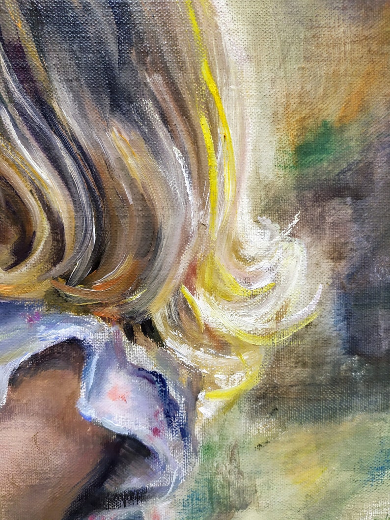 May include: Oil painting depicting a person with blonde hair and a blue and white garment. The hair is styled in loose waves with yellow and white highlights. The painting has a soft, impressionistic style with visible brushstrokes.