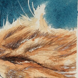 May include: Close-up of a watercolor painting of a cat's fur. The fur is a mix of light brown, tan, and white, with some darker brown accents. The background is a deep blue.