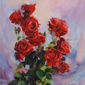 May include: An oil painting of a bouquet of vibrant red roses. The roses are in full bloom, with lush green leaves and stems. The background is a soft blend of pink, purple, and white hues, creating a romantic and artistic feel.