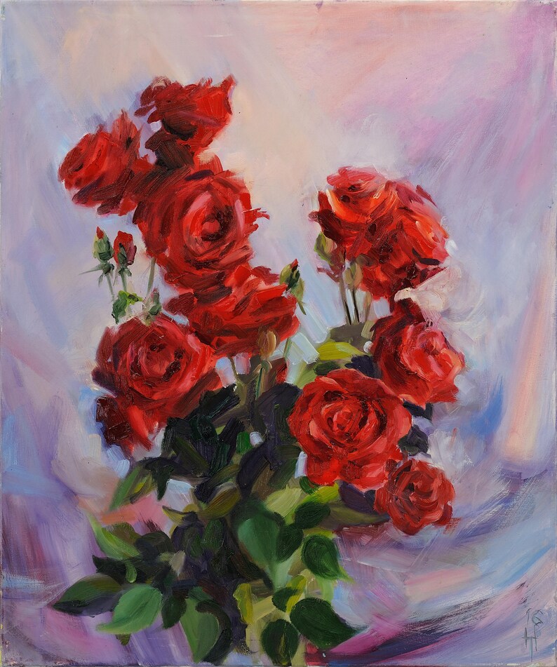 May include: An oil painting of a bouquet of vibrant red roses. The roses are in full bloom, with lush green leaves and stems. The background is a soft blend of pink, purple, and white hues, creating a romantic and artistic feel.
