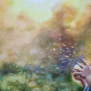 May include: An oil painting showing a child blowing dandelion seeds into a sunlit sky. The artwork features a vibrant green field, with the child's hands holding a dandelion. The background is a blend of warm yellows and browns.