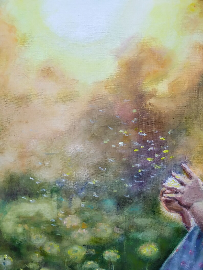 May include: An oil painting showing a child blowing dandelion seeds into a sunlit sky. The artwork features a vibrant green field, with the child's hands holding a dandelion. The background is a blend of warm yellows and browns.