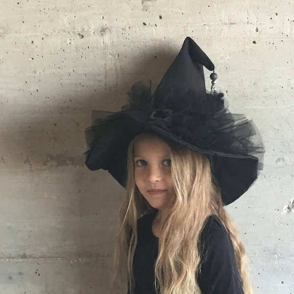Mini silver broom witch hat and tulle pompom