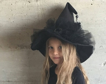 Black Witch Hat in Taffeta and Tulle, Silver Glitter Broom, Tulle Pompon abd Beads, Adult or Child Size – Elegant Halloween Costume