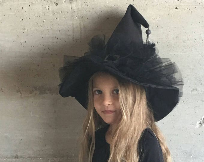 Mini silver broom witch hat and tulle pompom