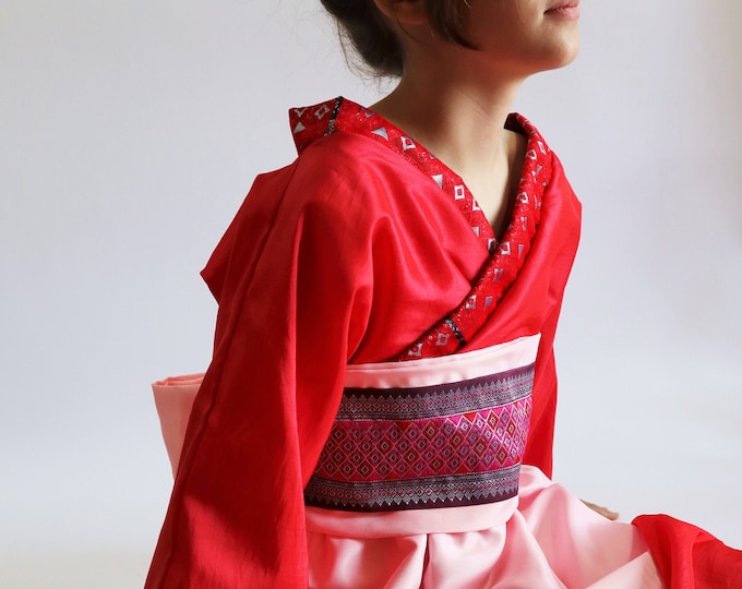 Chinese princess dress, Mulan inspiration, in red taffeta and pink satin