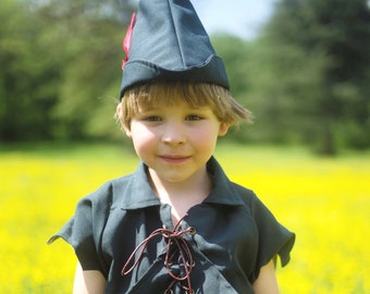 Peter Pan costume, lined tunic and feathered hat, child and adult