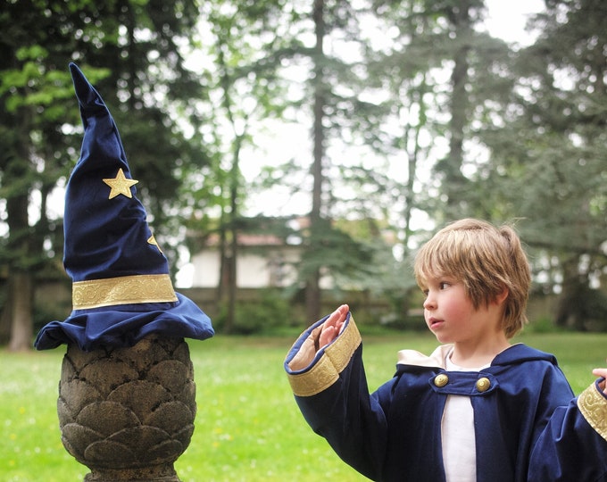 Merlin the Enchanter coat and hat in blue velvet and ivory satin lining