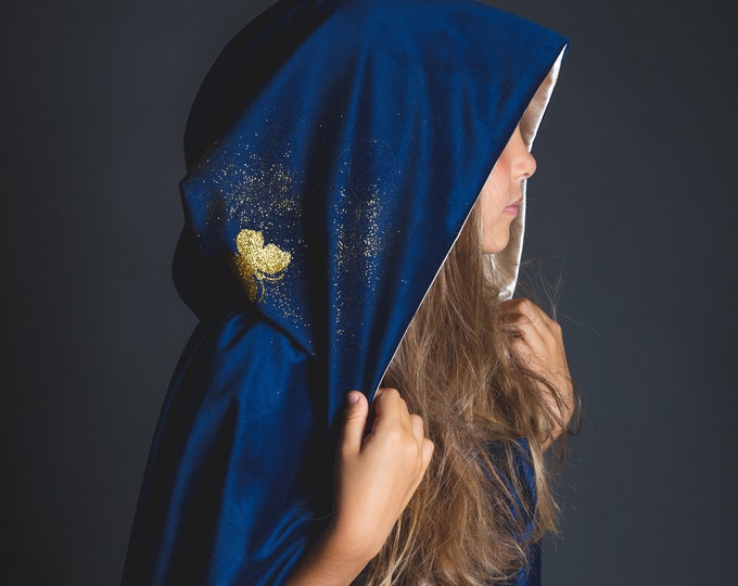 Long blue velvet and ivory satin cape, medieval cape, princess cape