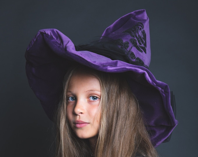 Purple velvet witch hat, wide brim, black sequined rose, large black tulle bow on the back