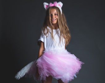 Tutu in pink and white tulle, ears cat headband and cat tail, Marie aristocats costume