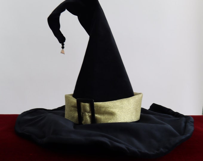 Black velvet witch hat, wide brim, ivory satin lining