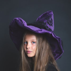 Purple velvet witch hat, wide brim, black rose in sequins, large black tulle bow on the back image 1