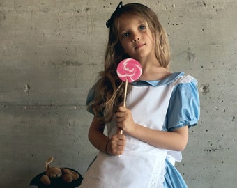 Vestido Alicia en el País de las Maravillas para niña – Tafetán azul y algodón blanco