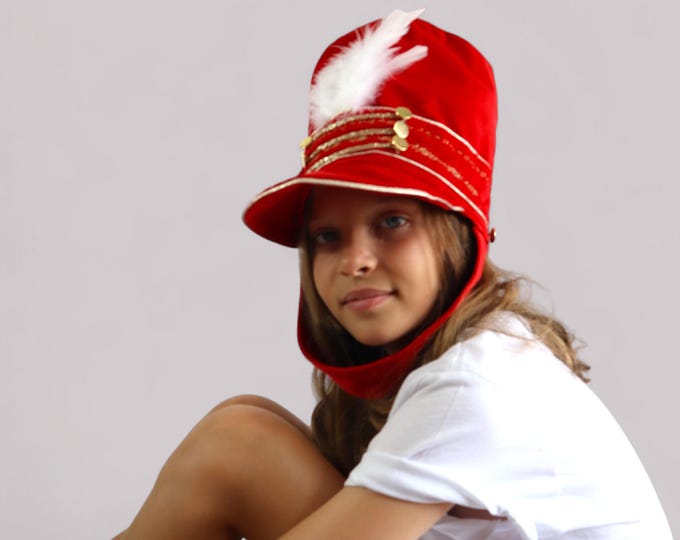 Nutcracker Hat – Red Velvet with White Feathers and Gold Embroidery – Satin Lined – Adjustable – Kids and Adults Costume Hat