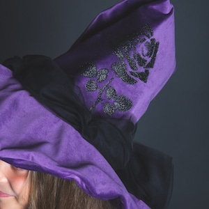 Purple velvet witch hat, wide brim, black rose in sequins, large black tulle bow on the back image 2